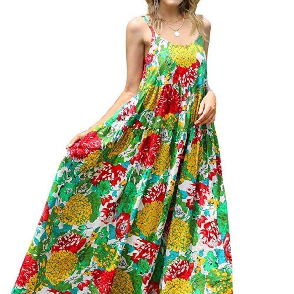 Bohemian Maxi Floral Print Swing Dress w/Adjustable Spaghetti Straps Swing  (XS)